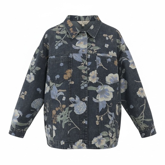 J.Nna Jackets & Blazers - J.NNA Floral Denim Jacket 1XL Blue Cottagecore Oversized Button Front NWT